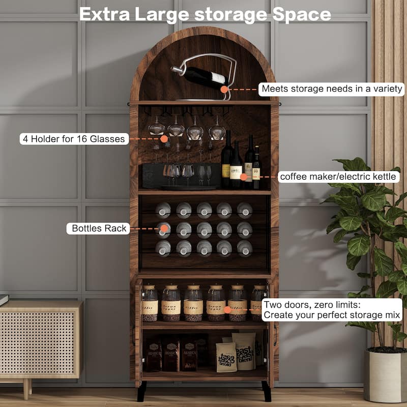 71"Farmhouse Arched Wine Bar Cabinet, Arch Cabinets &Coffee Bar, Whiskey Station With Wine Rack And Wine Glass Holder
