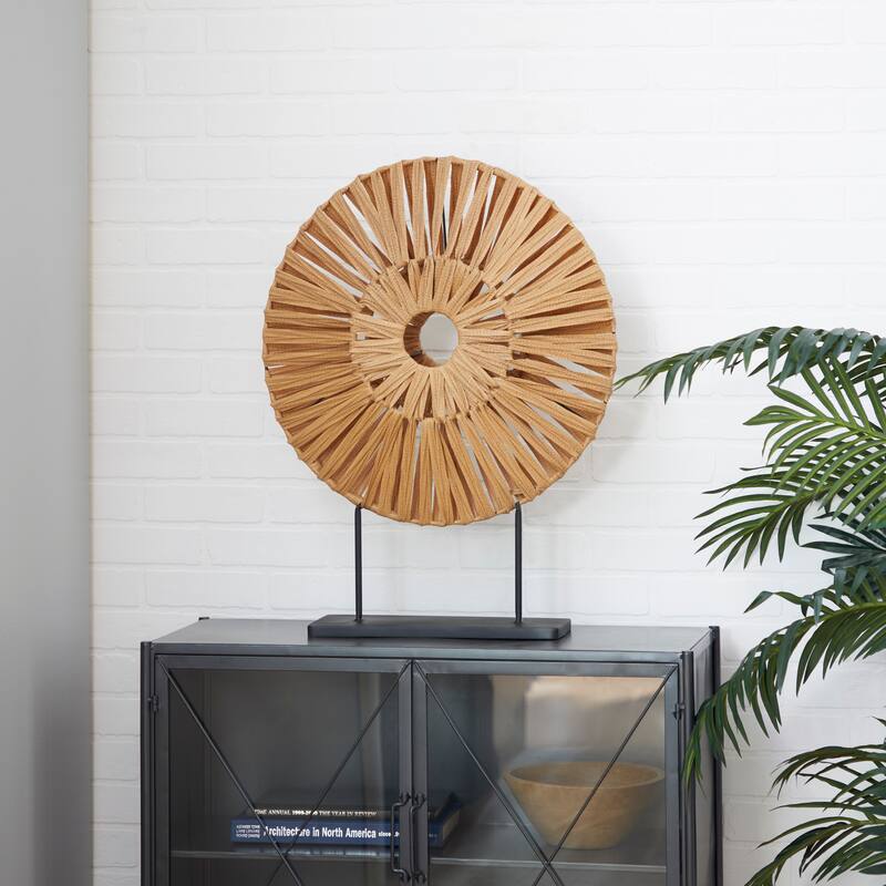 Brown Plastic Rattan Handmade Abstract Decorative Sculpture with Black Stand - 22 x 6 x 29