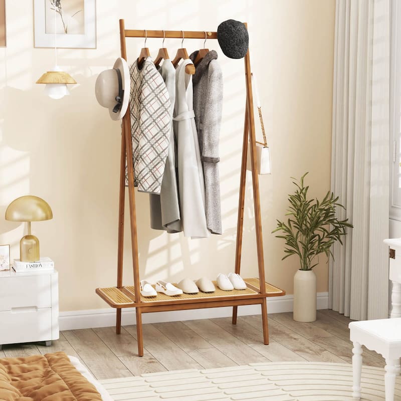 Costway Bamboo Clothes Rack Clothing Rack with Hanging Rod Rattan - See Details