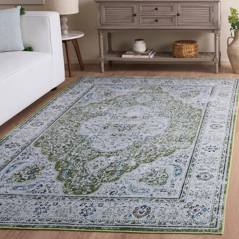 SAFAVIEH Tucson Machine Washable Slip Resistant Willa Traditional Rug - 4' Square - Green/Beige