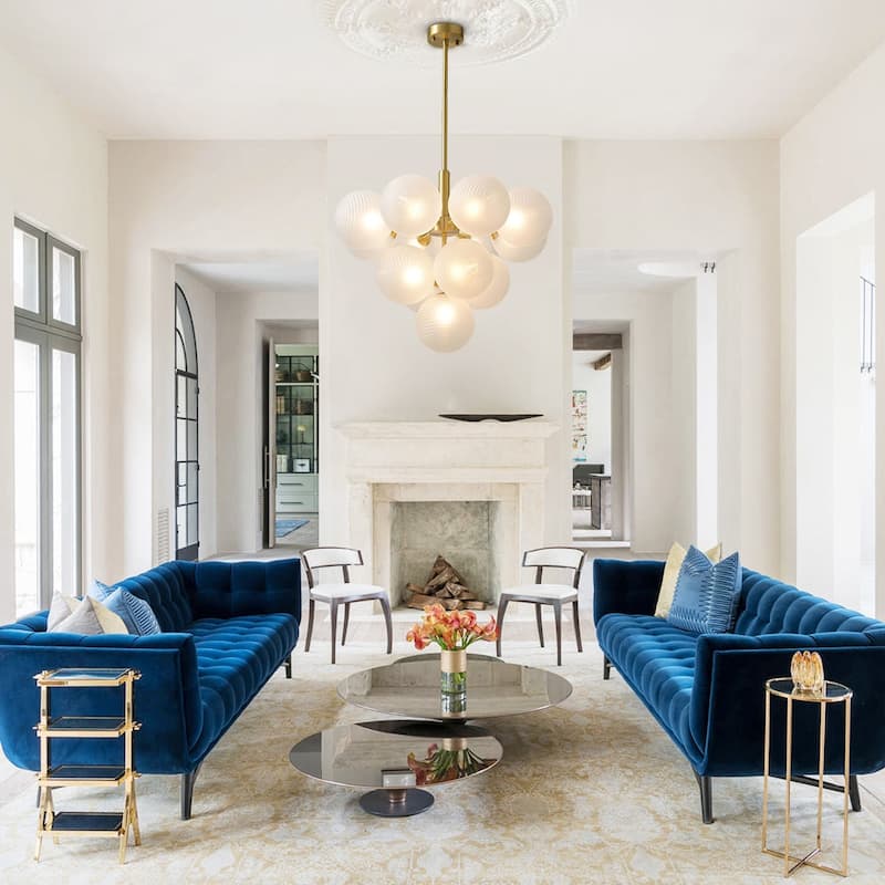 Modern Mid-century Brass Frosted Ribbed Glass Glass Bubble Chandelier