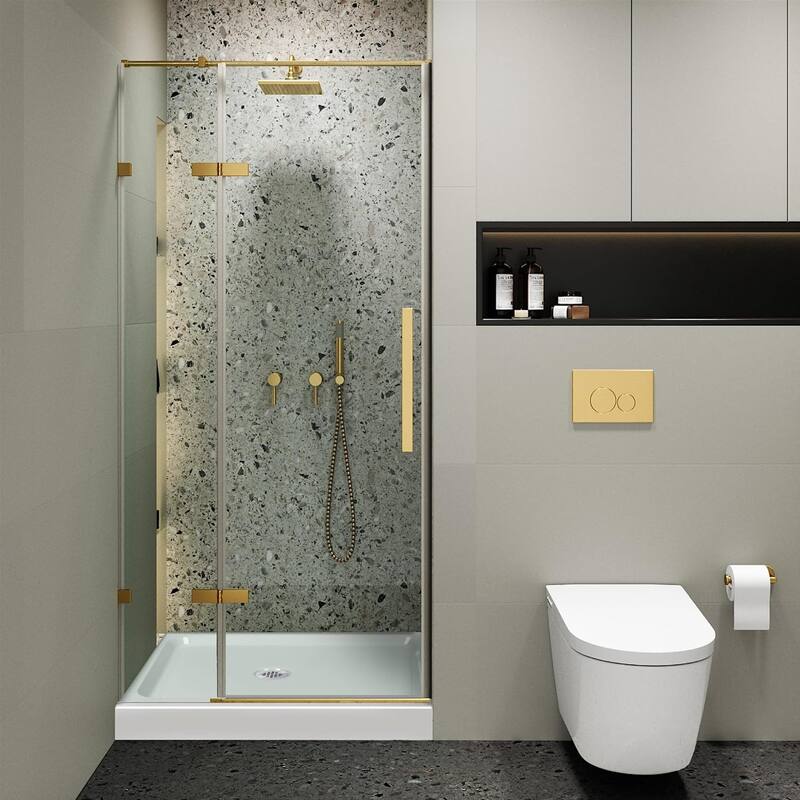 Frameless Clear Tempered Shower Glass Door with Shower Base Kit - 42 Inch - Satin Brass