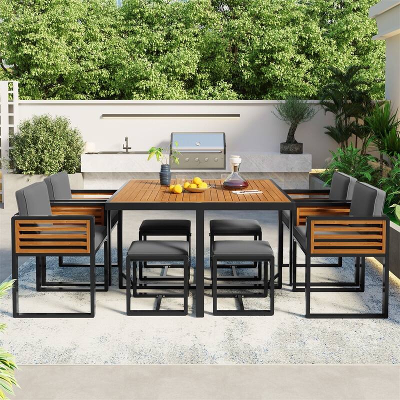 9-Piece/18-Piece Acacia Wood Patio Dining Set, Outdoor Dining Table Set with Cushioned Chairs, Ottomans and 1 Square Table