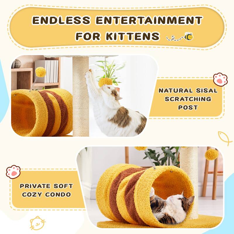 EROMMY 14.6 in Flower Cat Tree with Well-padded Perch, Cat Tower with Sisal Scratching Posts and Interactive Toys, Yellow