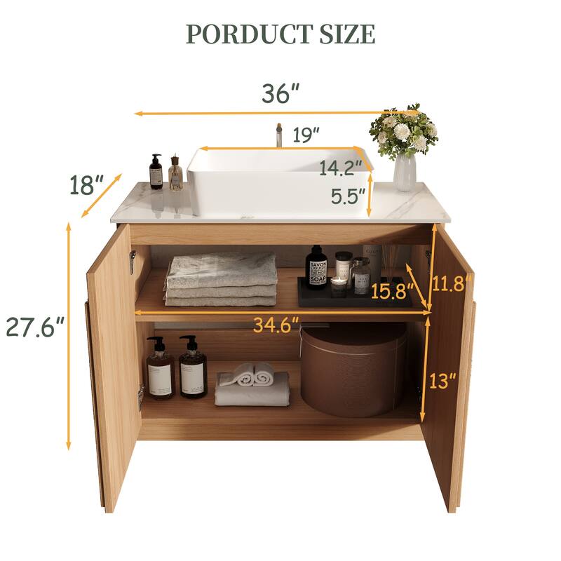 36" Mid - Century Modern Bathroom Vanity With Single Sink Grille Door & Gold Accents