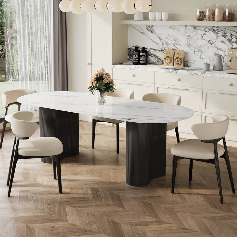 71" Glossy White Sintered Stone Dining Table, Double Round Legs, Oval Kitchen Table for 6 Persons