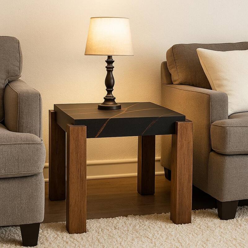 Strata Belmont End Table Marble Inspired Top Wood Legs Modern Decor