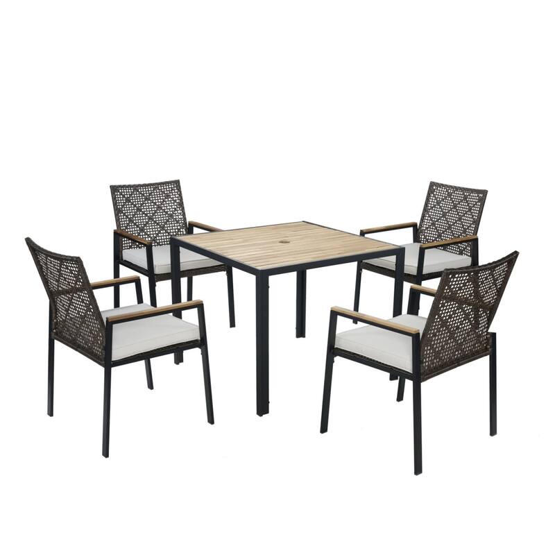 5-Piece Outdoor Steel Dining Table Set with Umbrella Hole, 4 Chairs