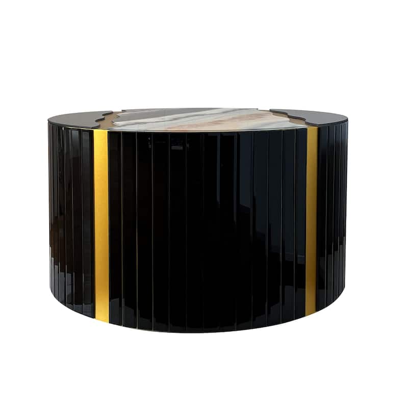 Marble pattern sticker Round Coffee Table, Cylindrical Silver Mirror with Gold Dust Finish, Modern Home Decor Table