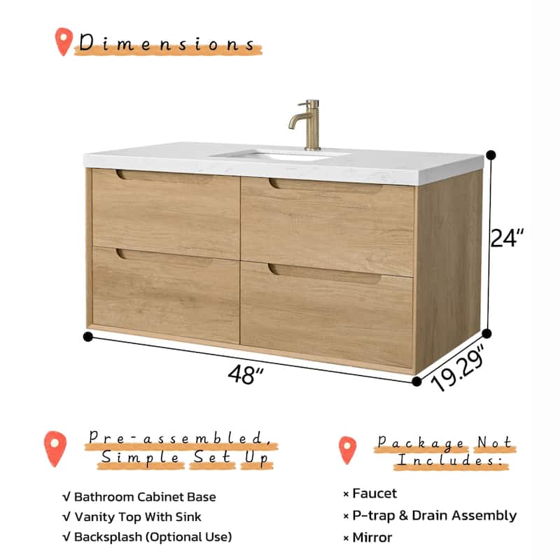 Prismis 36" 48" Wall-Mount Premium Bathroom Vanity with Upgraded Top