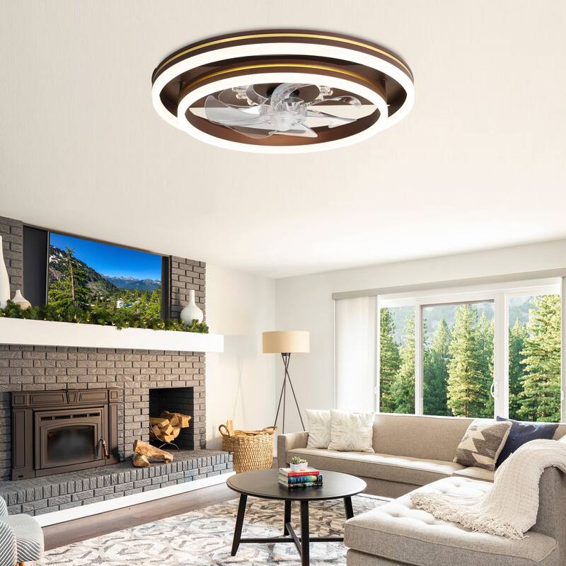 Oaks Aura 20in. LED Smart App Remote Control Low Profile Dual Tier Ceiling Fan Flush Mount Dimmable Bedroom Lighting