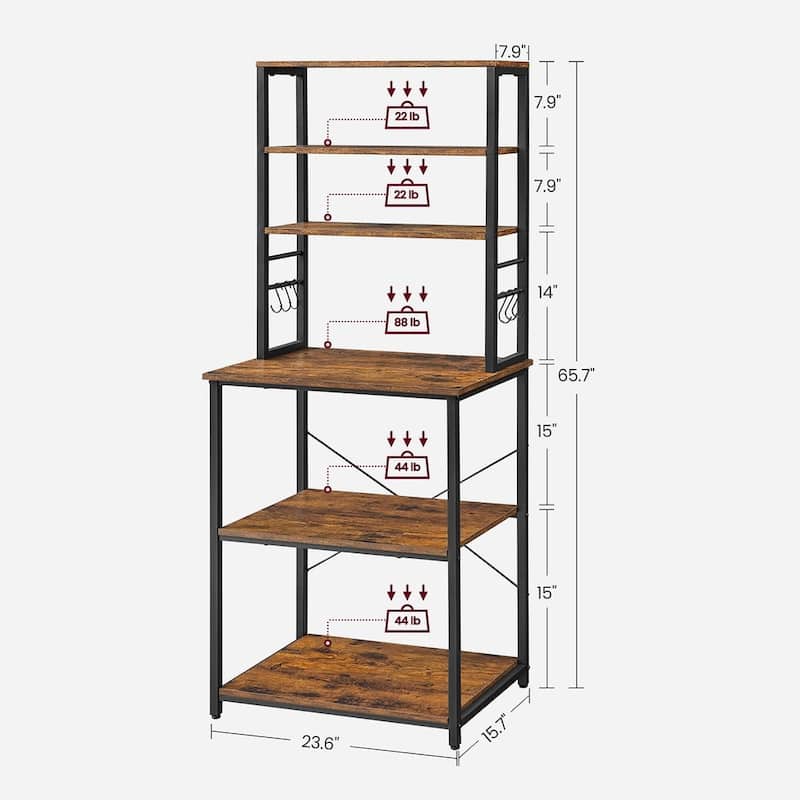 Kitchen Tall Utility Microwave Oven Storage Shelf Stand with 6 Hooks and Metal Frame - 23.6" x 15.7" x 65.7"
