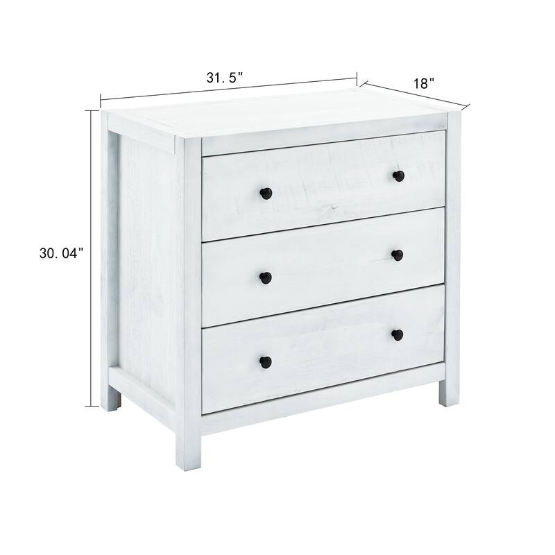 MUSEHOMEINC Solid Wood Dresser / Night Stand with 3-Drawer Storage for Your Bedroom,Round Metal knobs - White