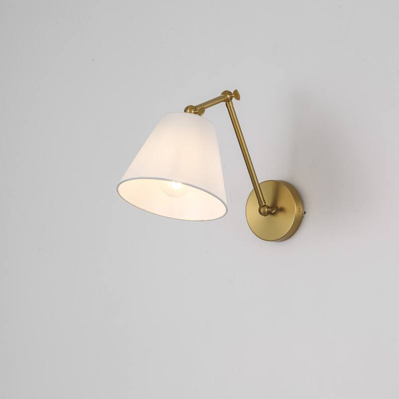 1-Light Modern Brushed Gold Adjustable Swing Arm Wall Sconce with Cone Fabric Shade for Bedroom, Study