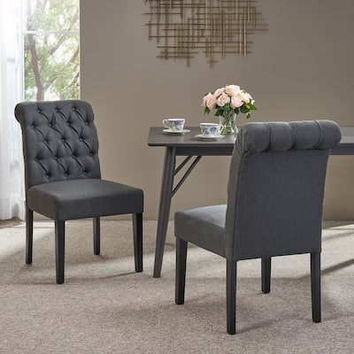 Set of 2 PU Dining Chairs, Dark Gray Tufted Accent Chairs Kitchen