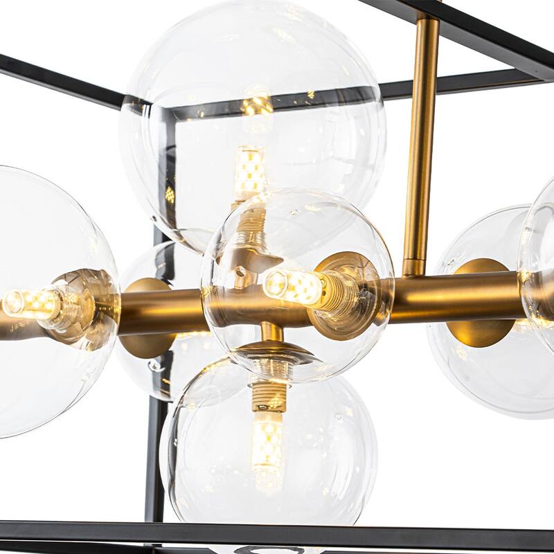 12-Light Modern Rectangle Island Chandelier With Clear Glass Globe - Black & Gold - 31.7in