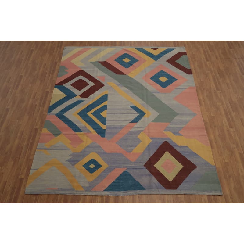 Hand Woven Oriental 100% Wool Carpet Southwestern Modern Multi-Colored Kilim Area Rug - 12' 9'' X 9' 8''
