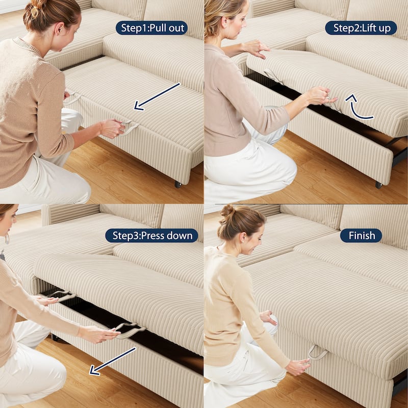 Futzca Convertible Corduroy Sofa Bed with Storage, L-Shaped Sectional Couch