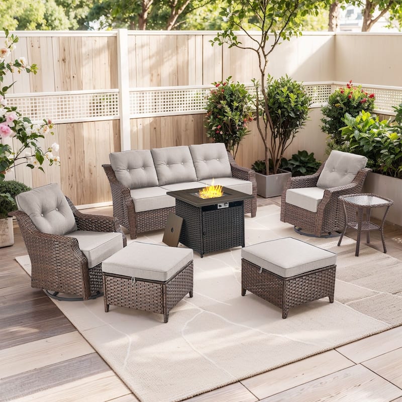 7-Piece Sofa Swivel Chairs Ottoman with 30" Fire Pit Table - Brown Wicker & Beige Cushion