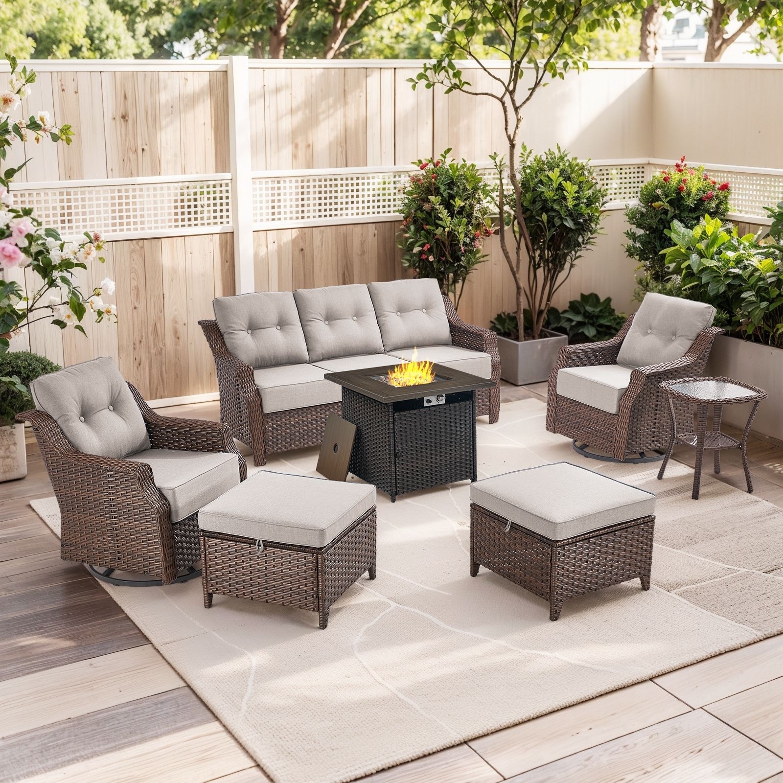 7-Piece Sofa Swivel Chairs Ottoman with 30" Fire Pit Table