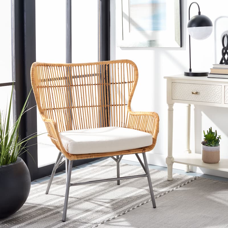 SAFAVIEH Norah Rattan Accent Chair with Cushion - 28.4" W x 25.2" L x 34.3" H - 28Wx25Dx34H