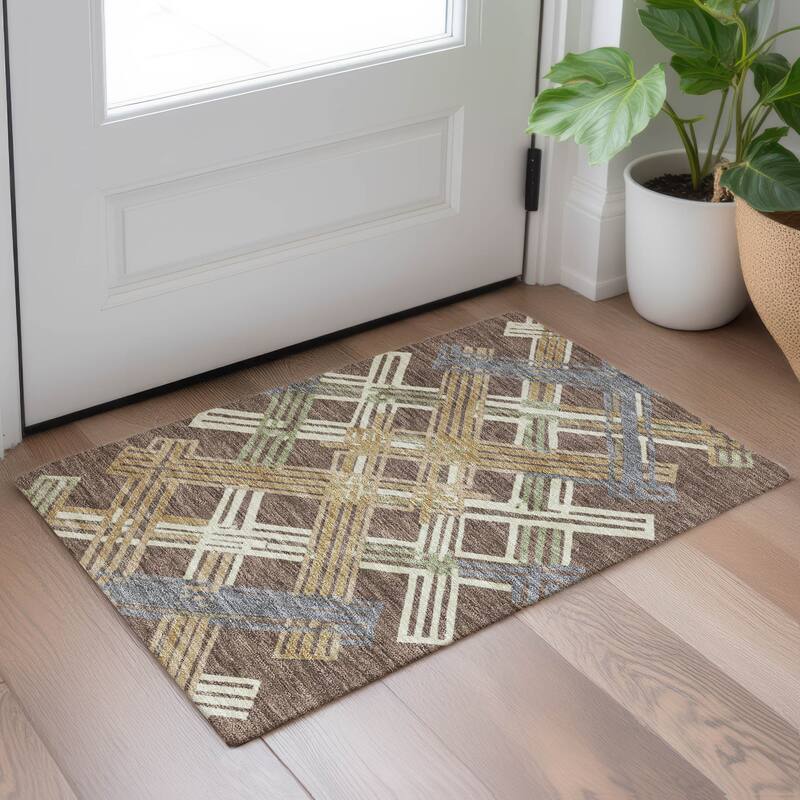 Machine Washable Indoor/ Outdoor Modern Trellis Chantille Rug