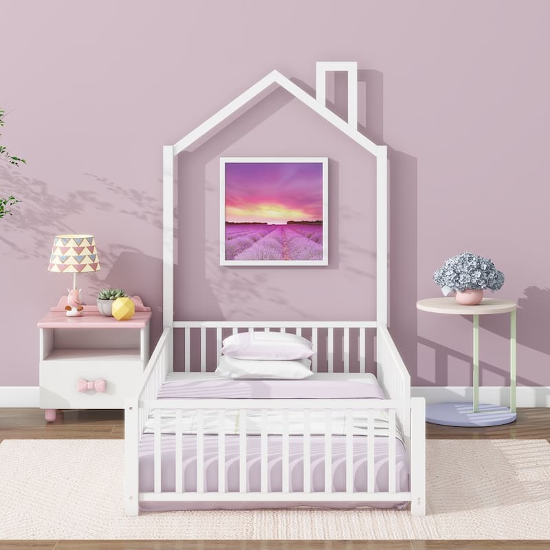 Twin Size Metal House Platform Bed with Guardrail and Chimney, White