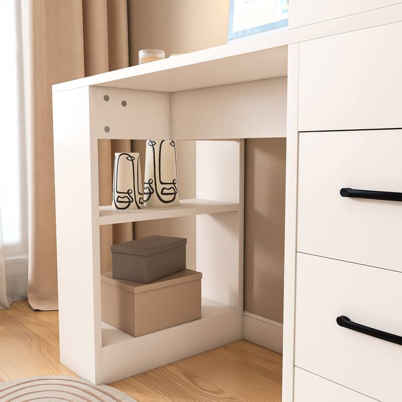 Modern White Computer Desk with Charging Socket, 3 Drawers and 4 Storage Levels for Home Office