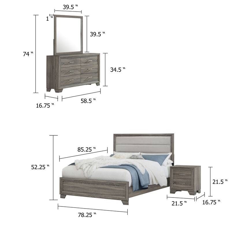 Reay 4 Piece King Bedroom Set with Dressers, Upholstered, Gray Brown