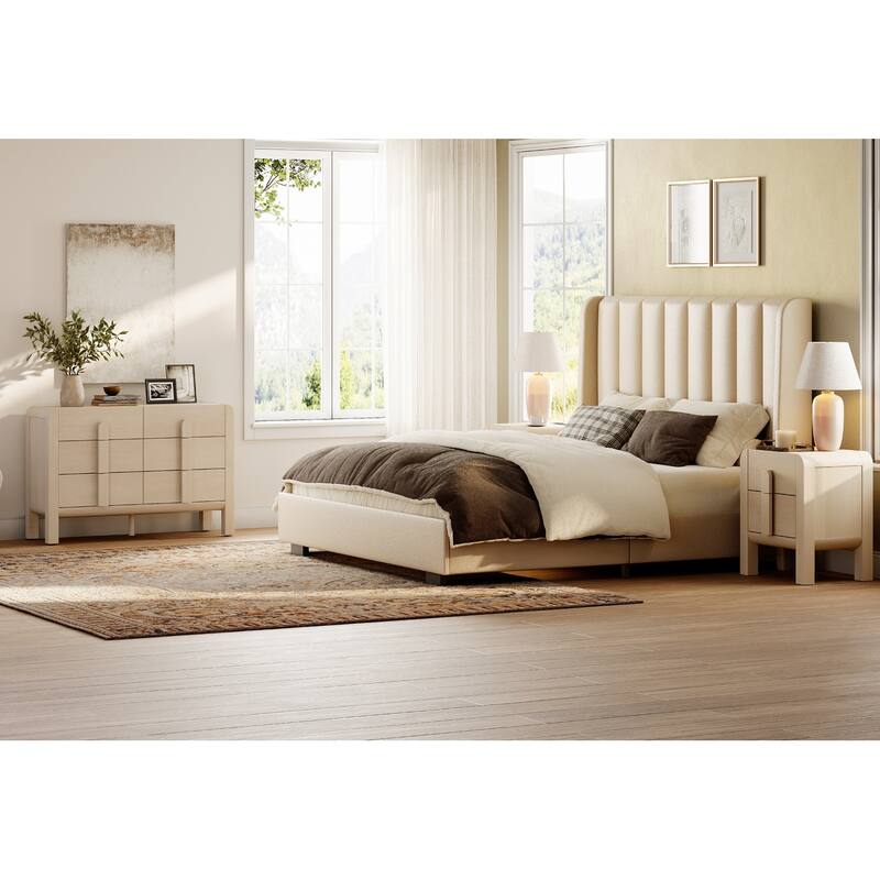 WAMPAT 3 Pcs Bedroom Set,6 Drawer Dresser And Nightstand Sets For Bedroom, Double Dresser With Curved Profile Design