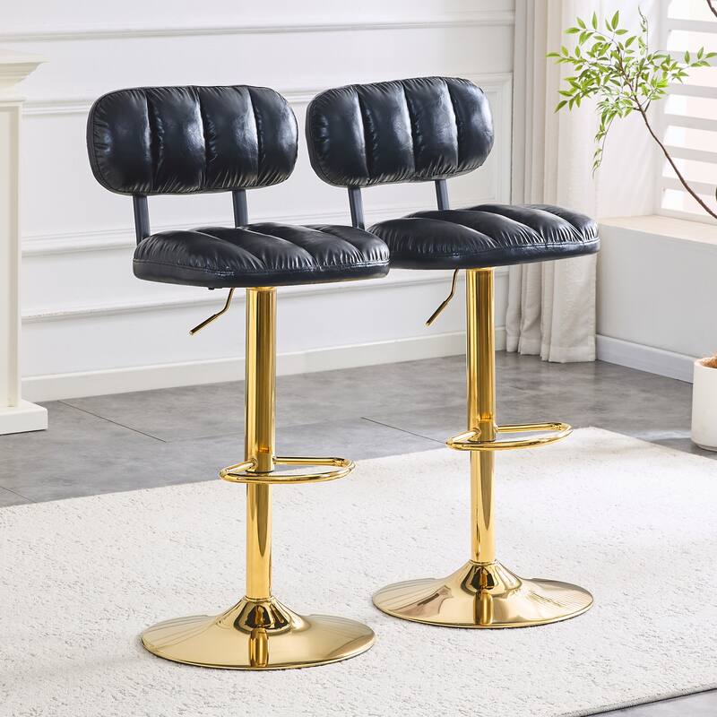 Set of 2 Modern Bar Stools with Adjustable Height, PU Leather Upholstered Stools with Metal Base & Footrest