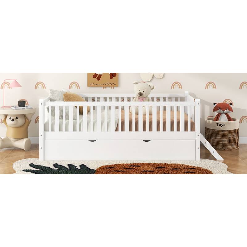 Roomfitters Twin Wood Platform Bed with Semi-Enclosed Guardrail and Trundle