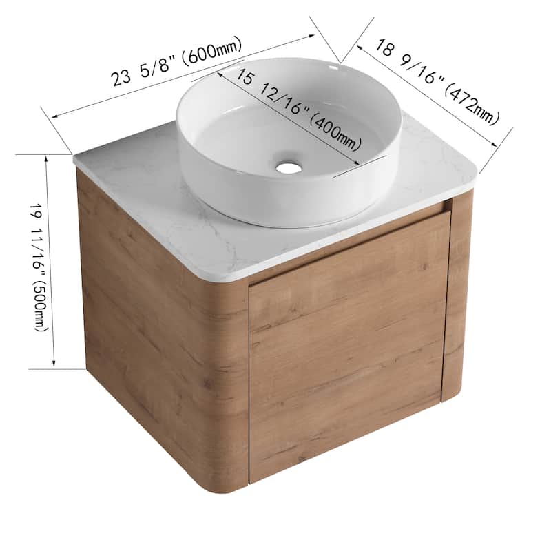 24'' Wall-Mounted Bathroom Vanity With Ceramic Art Sink & 1-Soft-Close Door,KD-Packing, Plywood