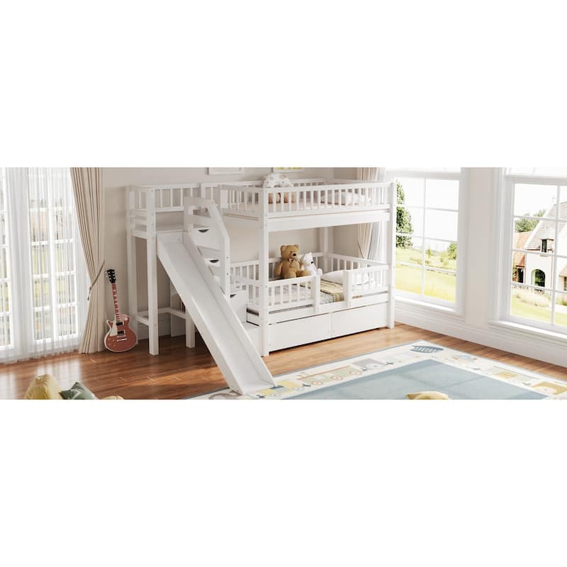 Roomfitters Twin Over Twin Bunk Bed with Slide, Storage Staircase and Drawers