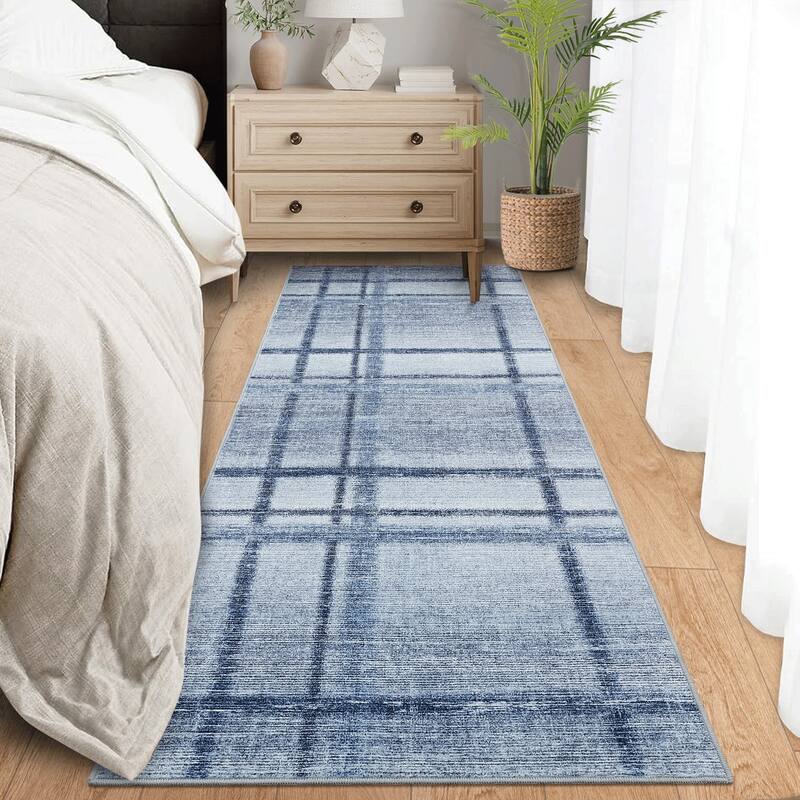 Washable Area Rug, Modern Geometric Area Rugs for Living Room Bedroom, Non-Slip Low Pile Indoor Soft Carpet - 2'x6' - Blue