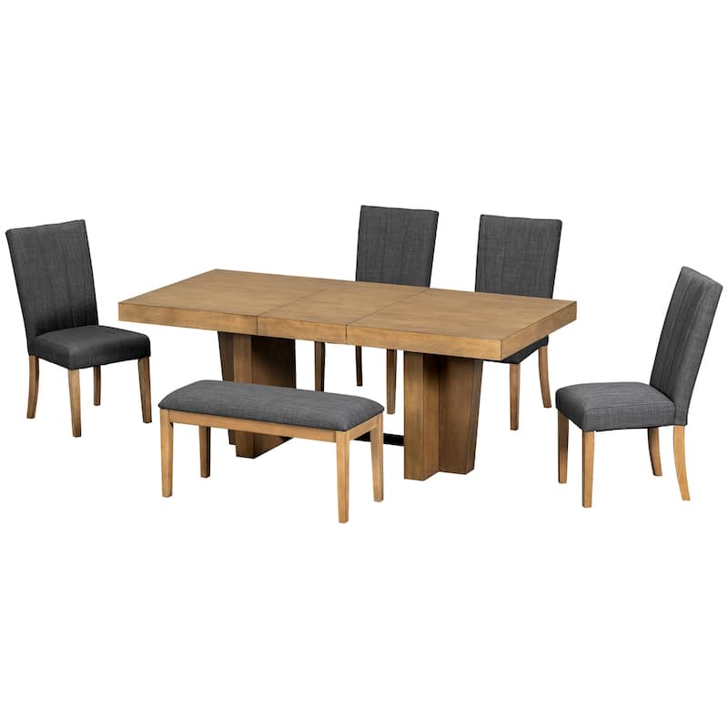 6-Piece Extendable Dining Set with Removable Leaf, Wood Kitchen Table Set with Bench and 4 Upholstered Chairs