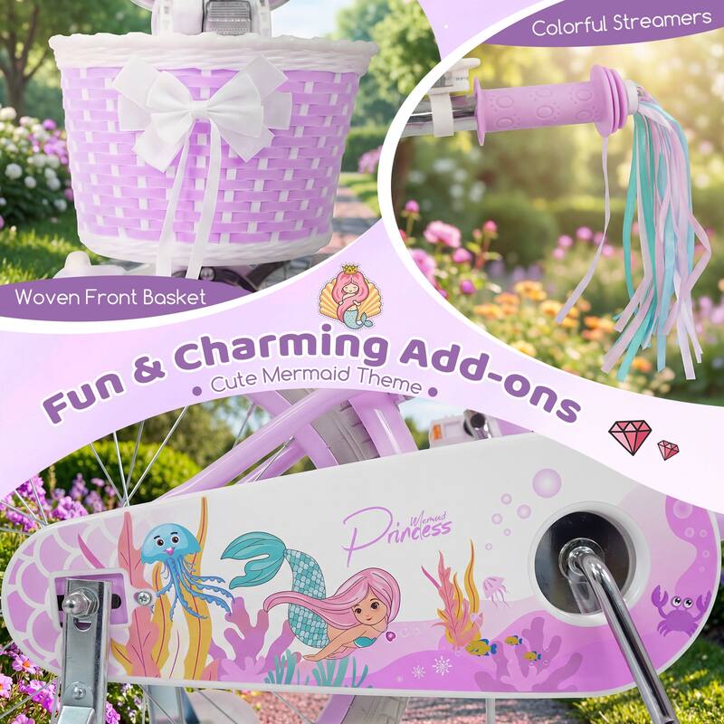 Gymax 20'' Girls Bike w/Removable Basket Streamers Hand Brake &