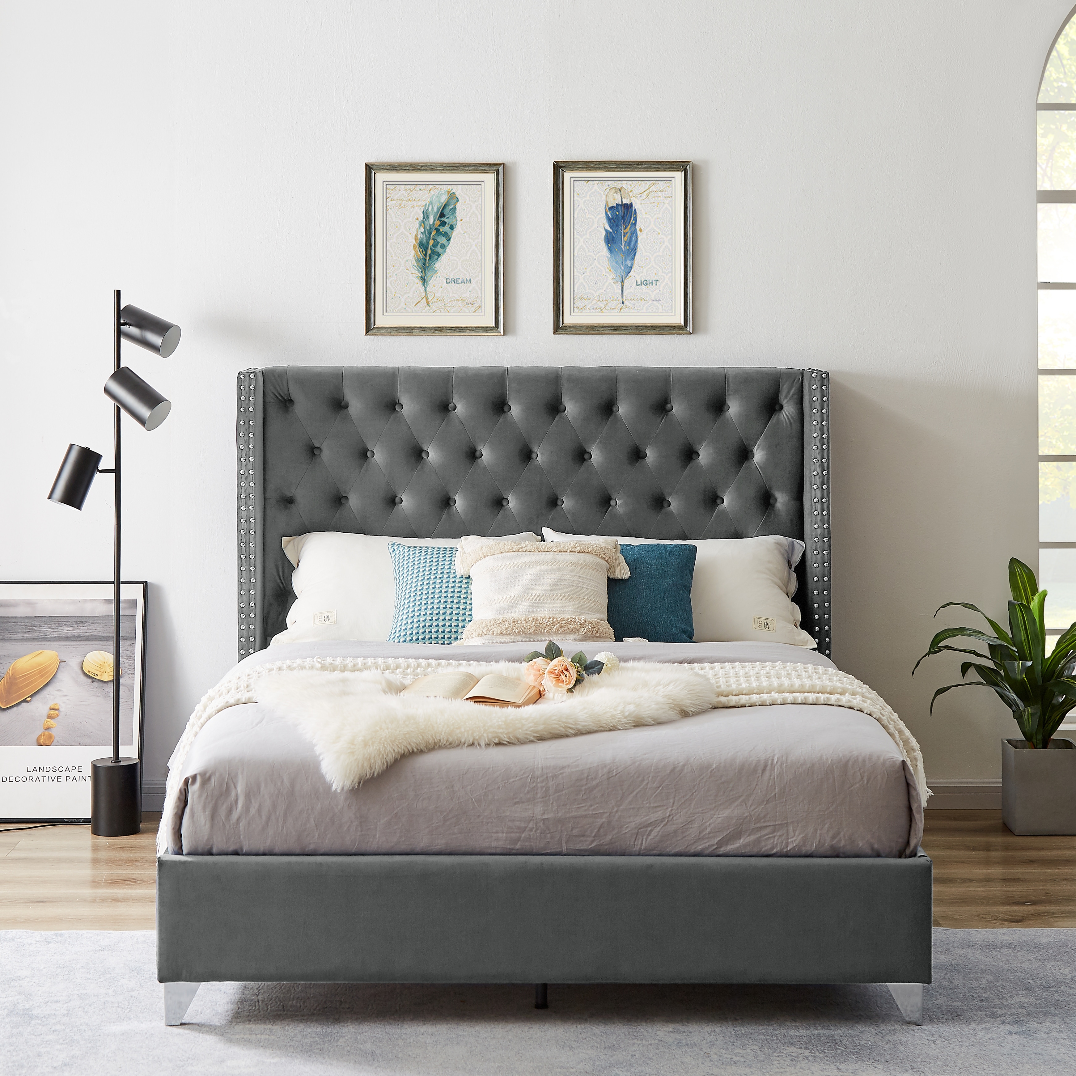 Velvet tufted shop bed queen