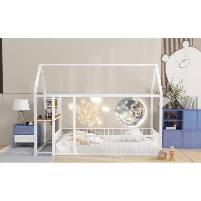 Full Size Metal House Platform Bed Frame with Built-In Desk, USB Charging And Storage Shelves