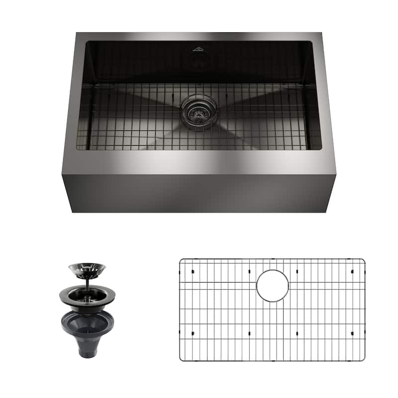 Handmade Stainless Steel 18-Gauge Single Bowl Farmhouse Apron Kitchen Sink in Nano PVD with Bottom Grid and Basket Strainer