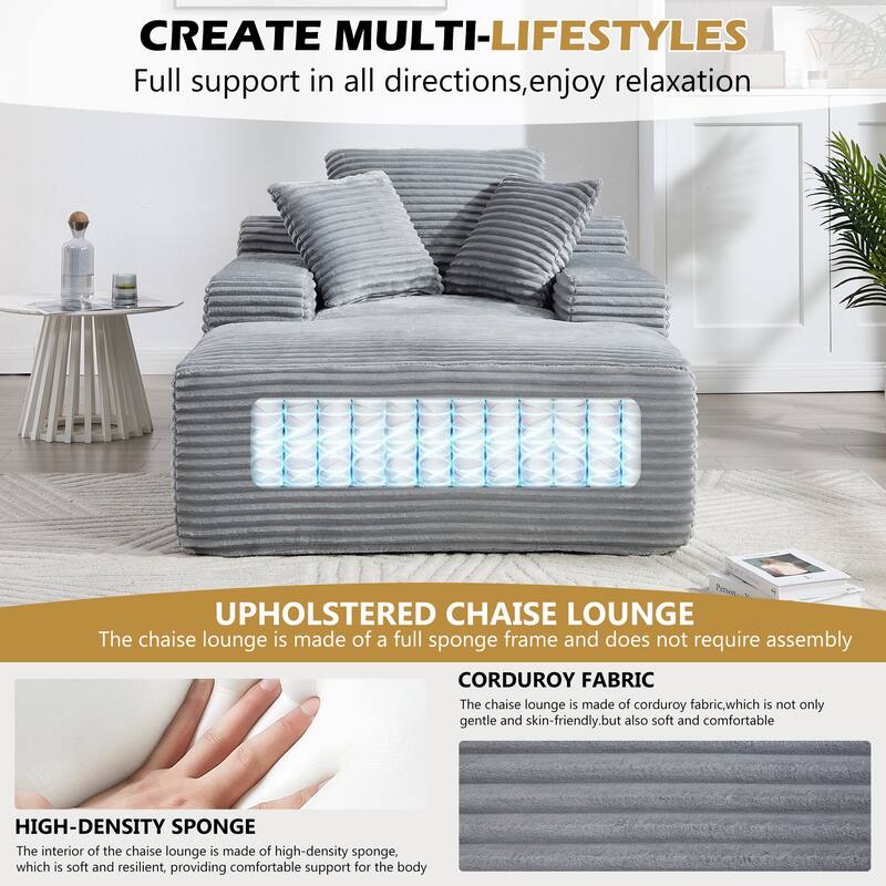 Deep Seat Chaise Lounge Chair, Wide Armrest Sleeper Sofa with Three Soft Pillows, Convertible Boneless Sofa Bed Daybed