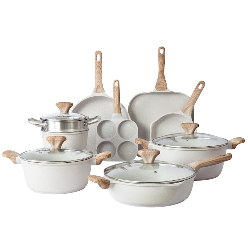 Country Kitchen Induction Cookware 13 Piece Cast Aluminum Pots and Pans with BAKELITE Handles - White
