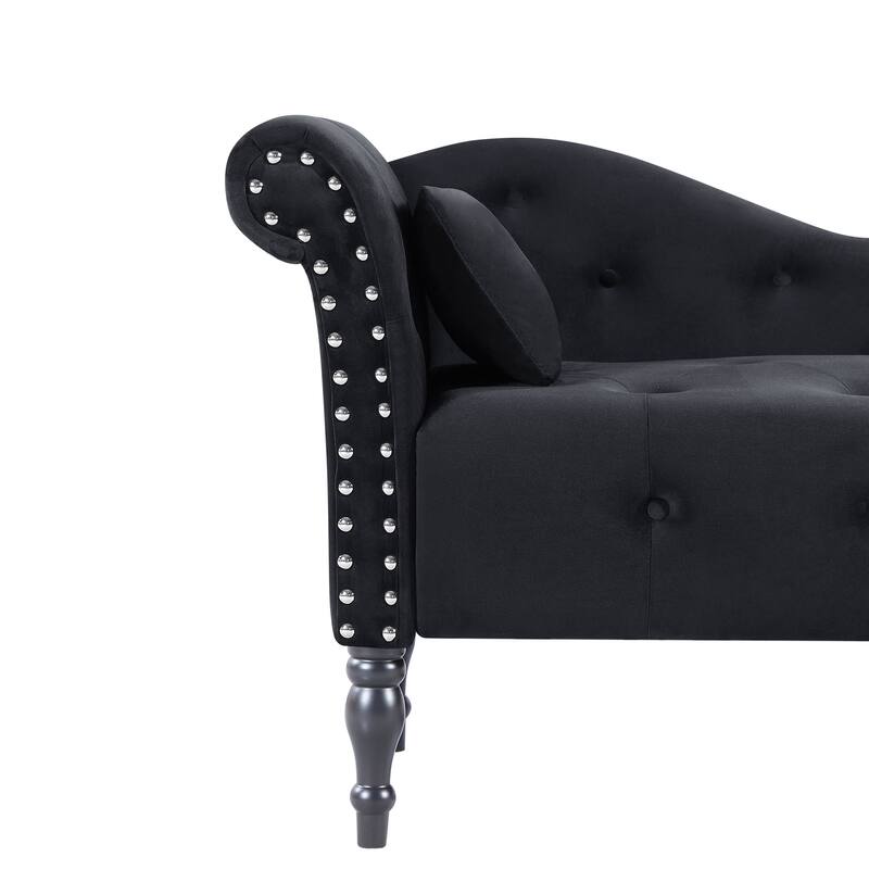 60.6" Velvet Chaise Lounge Buttons Tufted Nailhead Trimmed Solid Wood Legs with 1 Pillow (Left Arm Design)