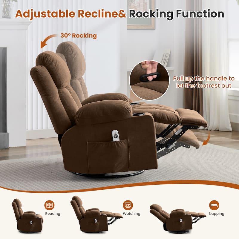 Swivel Rocker Recliner Chair with Vibration Massage & Heat, USB Port & Cup Holders for Living Room