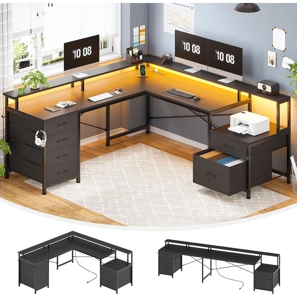 L Shaped Home Office Desk with 6 Drawer File Drawer Power