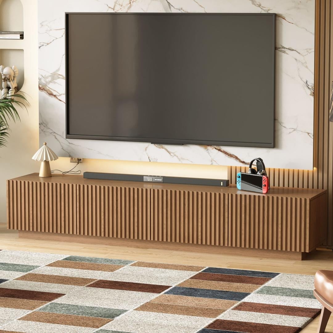 86.6 Inch Modern Walnut Wood TV Stand With Grille Doors - 86.6"Wx15.9"Dx17.5"H