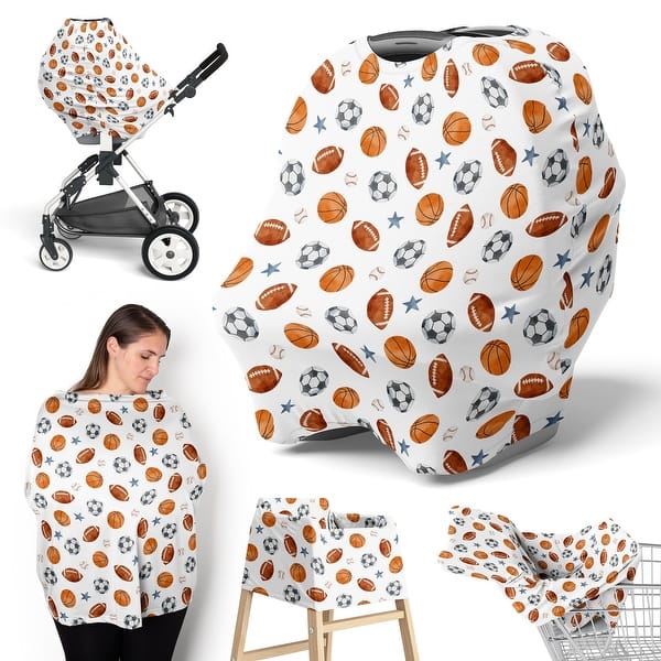 slide 2 of 6, Sweet Jojo Designs Sports Theme Boy 5 in 1 Baby Car Seat Nursing Cover Watercolor Vintage Sport Themed Soccer Balls Blue Stars