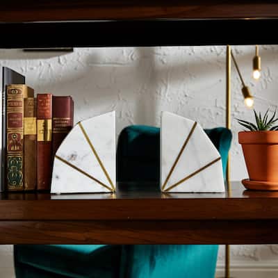 Decorative Marble and Brass Inlay Bookends - 5.5", White & Gold - 4" x 2.5" x 5.5"