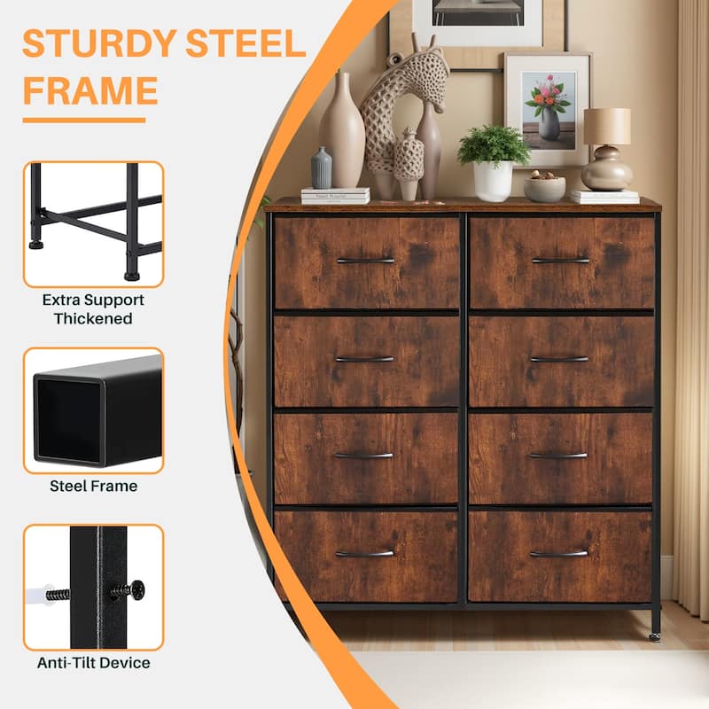 Dresser for Bedroom, 8 Storage Drawers, Tall Fabric Closet Chests Organizer Tower Furniture with Wooden Top Metal Frame