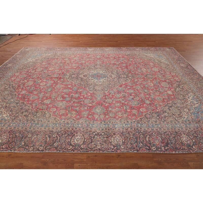 Traditional Pink Kashan Persian Vintage Rug Hand-Knotted Wool Carpet - 9'0"x 11'9"